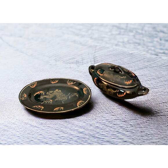 Vintage Acme Japan Pottery Small Condiment Jar with Lid and Under Plate, Dragon - Picture 4 of 8